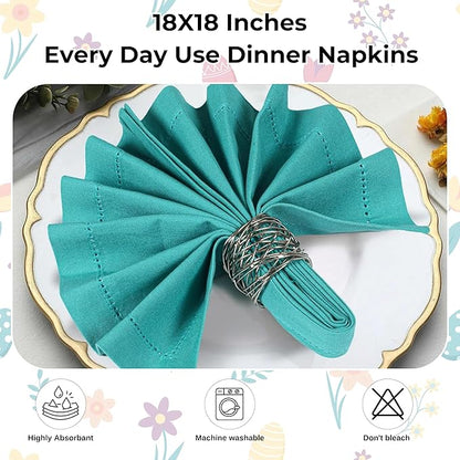 Bedding Craft Cotton Cloth Dinner Napkins Set of 12 – 18x18 Latigo Bay Teal with Hemstitched Mitered Corners – Machine Washable Reusable Napkins for Weddings, Parties & Daily Use