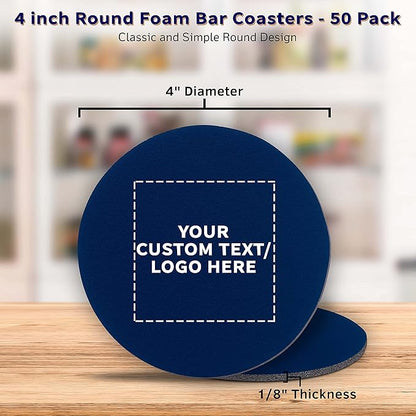 50 Round Foam Bud Coasters Pack, 4 inch - Customizable Text, Logo - PU Foam, Party Favor - Navy Blue