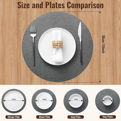 Jovono 15" Faux Leather Big Round Placemats Set of 4 - Washable Heat Resistant Non-Slip Dining Table Mats with Fabric Texture for Kitchen Home Party Decor, Gray