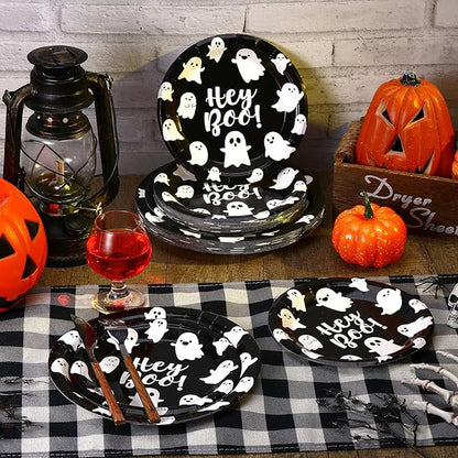 48 Pcs Halloween Hey Boo Paper Plates Set Include 9 Inch Ghost Disposable Dinner Plates 7 Inch Scary Dessert Plate Tableware for Halloween Birthday Party Supplies