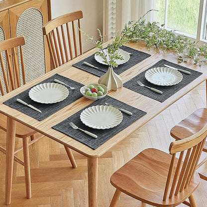 Softalker Faux Linen Placemats Set of 8-12 x 18 Inch, Heat Resistant Double Layered Durable Burlap Farmhouse Place Mats, Non-Slip Washable Rustic Table Mats for Dining, Kitchen, Party（Dark Grey