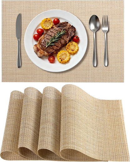 Timeet Placemats Set of 4, Heat Resistant Non-Slip Place Mats for Dining Table, Durable Washable PVC Vinyl Woven Table Mats, Linen Textured Placemats for Kitchen Resistant Easy to Clean(Beige