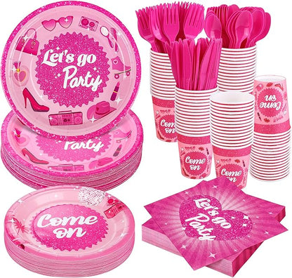 Kochorie 400 Pieces Let's Go Girls Party Tableware Sets Including Disposable Paper Plates Cups Napkins Cutlery Serves 50 for Birthday Disco Pink Cowgirl Bachelorette Party Decorations