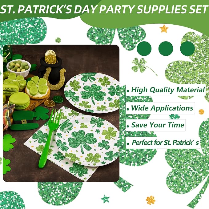 100 Pcs St. Patrick’s Day Shamrock Tableware Party Supplies Set, Serves 25 – - Image 6