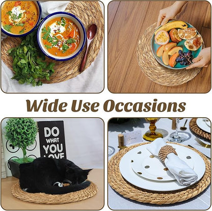 Kochorie Set of 24 Round Woven Placemats 13.8 Inches Bulrush Placemats Natural Hand-Woven Boho Rattan Placemats Wicker Table Mats Farmhouse Weave Place Mats for Home Dining Table