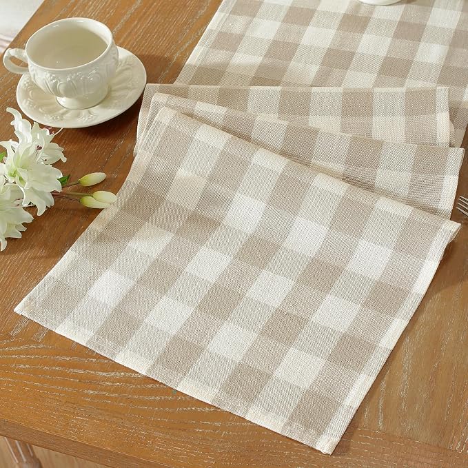 Laolitou Beige Checkered Table Runner, Cotton Linen Gingham Table Runners - Image 5
