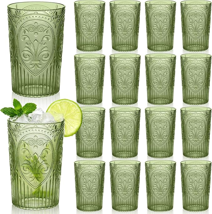24 Pcs 16 oz Plastic Vintage Drinking Glasses Stemless Ribbed Highball Glasses by Unknown