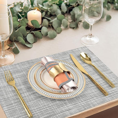 SLKQG Gray Placemats Set of 6 - Easy Clean Washable Vinyl Placemats - Wipeable Heat Resistant Table Mats for Dining Table - 17.7x11.8 Inch (6, Gray Black White)