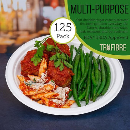 9-Inch 125-Pack Disposable Bagasse Paper Plates, Styro Foam Food Trays, Microwave Safe Meal Plates for Holidays, Party Favors & Events, Bulk