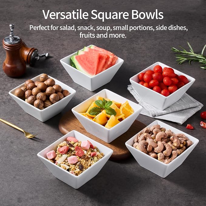 Porcelain Cereal Bowls Set of 6, 13 Oz Square Serving Bowls Set | 4.6in Classic - Image 3