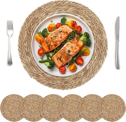 Kochorie Set of 6 Round Woven Placemats 15 Inch Bulrush Placemats Natural Handwoven Boho Rattan Wicker Table Mats for Farmhouse & Home Dining
