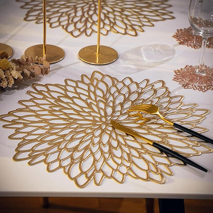 Snowkingdom Pack of 18 Gold Metallic Round Placemats Bulk Pressed Vinyl Leaf Dinning Kitchen Table Mats Decorations Setting for Christmas Wedding Thanksgiving Party Event Holiday Autumn Harvest