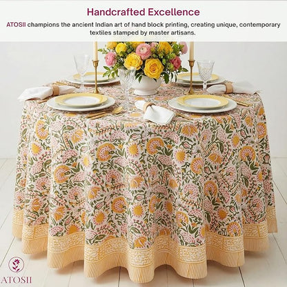 ATOSII Clover Yellow 100% Cotton Round Tablecloth, Handblock Print Floral Table Cloth for Kitchen Dining Linen I Parties, Weddings, Outdoors, Christmas, Thanksgiving I Fall Home Decor 60" Inches Round