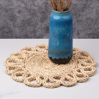 13.8" Corn Husk Woven Round Placemats Set of 4 - Wicker Boho Farmhouse Placemats - Rattan Table Mats Like Water Hyacinth for Dining Table, Wedding, Home, Christmas, Party
