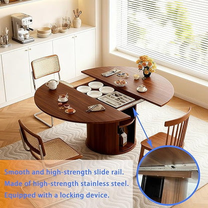 Extendable Round/Oval Dining Table Seats 2-4-6, 59" Modern Farmhouse Design with 2-Tier Storage & Fluted Slide Door, Dining Room Kitchen Furniture (Walnut, 59 inches)