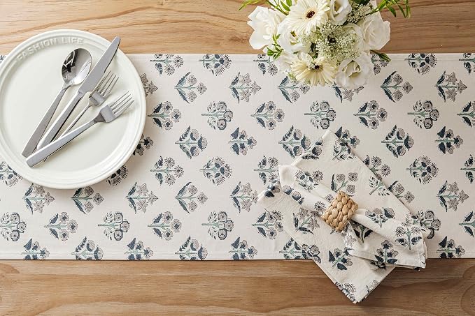 Block Print Floral Decorative Table Runners, 13x36 Inch Grey | 100% Organic - Image 4