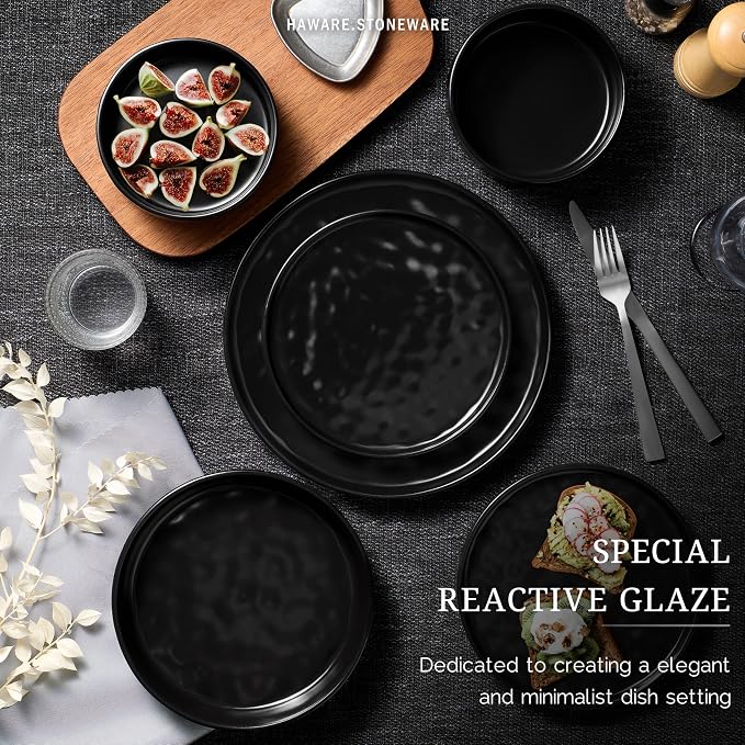 HaWare Dinnerware Sets, 18-Piece Plates and Bowls Set, Matte Black | Stoneware - Image 4