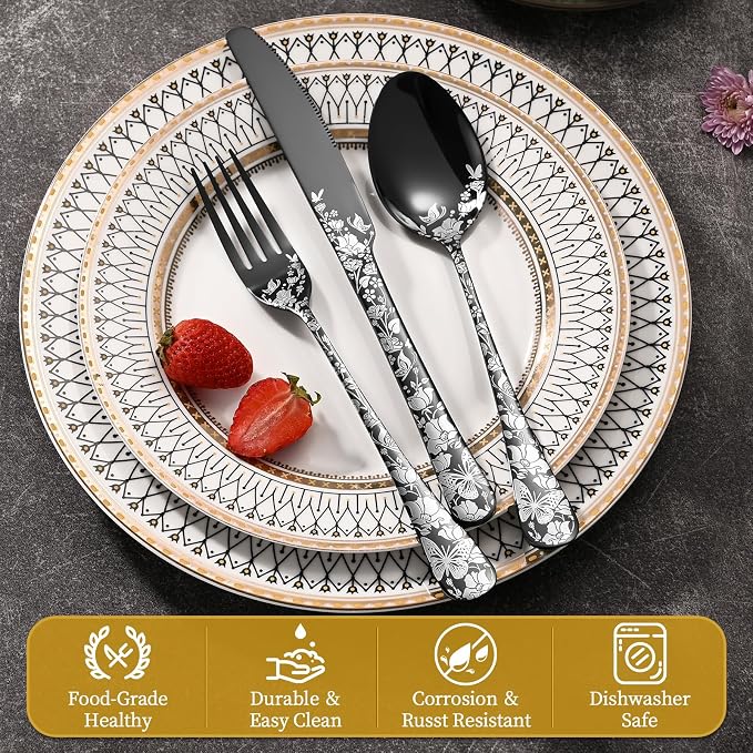 40 Piece Black Silverware Set, Stainless Steel Flatware Cutlery Set Service - Image 3