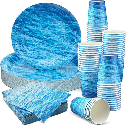 Marsui 200 Pieces Party Supplies Tableware Set Patterns Printed Plates Napkins Cups Table Decorations for Baby Shower Birthday Party (Ocean Style)
