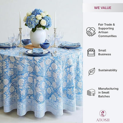 ATOSII Azora Blue 100% Cotton Round Spring Tablecloth, Handblock Print Floral Table Cloth for Kitchen Dining Linen I Parties, Weddings, Outdoors, Easter Holidays I 60" Inches Round