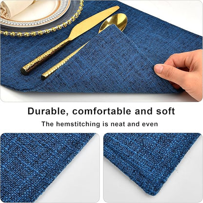 SLKQG Navy Linen Fabric Placemats Set of 4, Heat Resistant & Machine Washable Double-Layered Cloth Placemats for Dining Table, Indoor/Outdoor Use, Non-Slip Kitchen Table Mats (4, Navy)