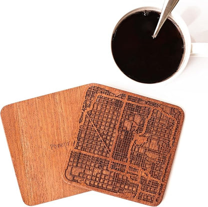 Phoenix Map Coaster by O3 Design Studio, Set Of 4, Sapele Wooden Coaster With City Map, Handmade