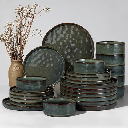 HaWare 24-Piece Dinnerware Set for 8, Reactive Moss Green | Stoneware, Ripple by HaWare