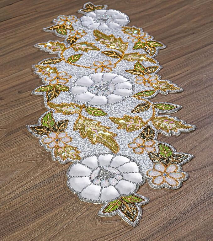 Beaded Table Runner Decore 36 inches Long Christmas Flower Design Beaded Table - Image 3
