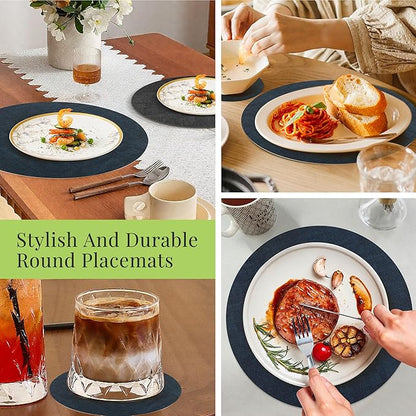13-Inch Faux Leather Round Placemats Set of 6, Waterproof Anti-Slip Dual Sided Place mats, Heat Resistant Washable Table Mats with Coaster, Suitable for Indoor & Outdoor (6, Black Navy Blue)