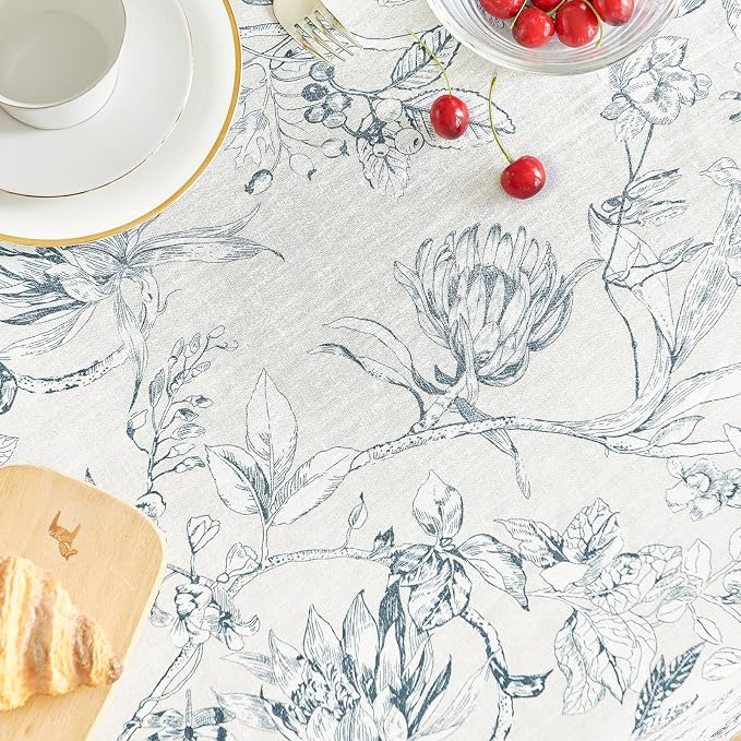 jinchan Blue Floral Linen Rectangle Table Cloth 50 x 84 Inch | Extended table - Image 9