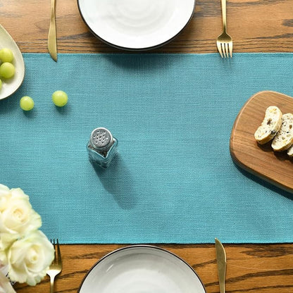 Artoid Mode Teal Tassel Table Runner, Winter Linen Blend Rustic Farmhouse Style - Image 2