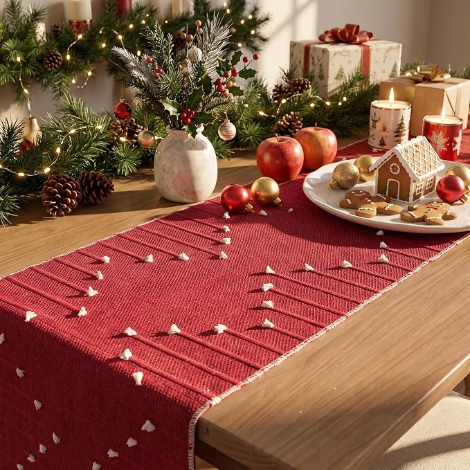 Artoid Mode Red Farmhouse Rustic Cotton Woven Table Runner, Seasonal Christmas - Image 4