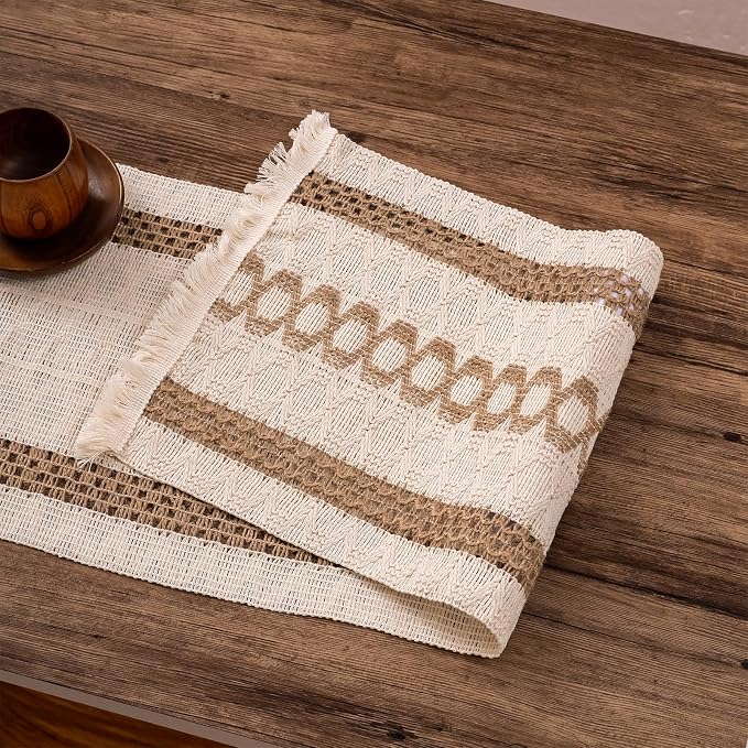 Boho Table Runner with Tassels 12 x 144 Inches Long, Cream & Brown Rustic - Image 7