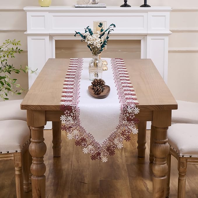 White Dark Red Floral Lace Table Runner Dresser Scarf | Christmas, Floral - Image 2