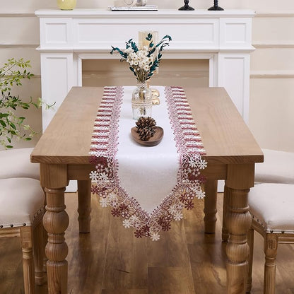 White Dark Red Floral Lace Table Runner Dresser Scarf | Dresser Scarf, Lace - Image 2