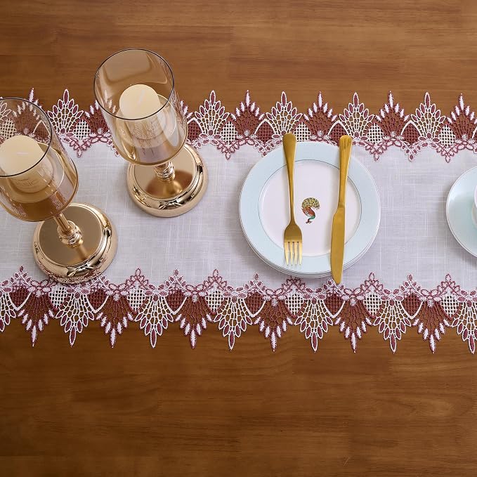 White Sheer Lace Table Runner Dark Red 108" Christmas Table Runners | Christmas - Image 4