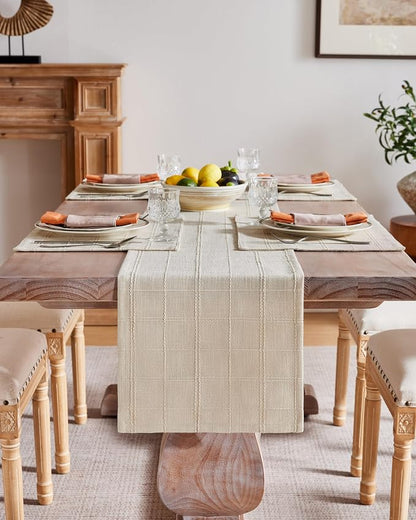 Linen Checked Farmhouse Table Runner, 13x48 Inches Neutral Beige | Raised Grid - Image 2