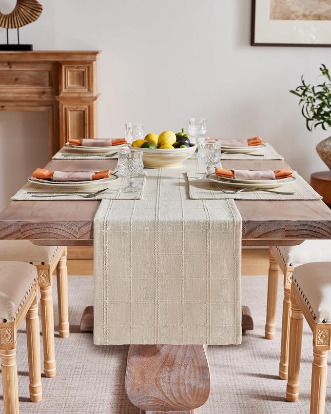 Linen Checked Farmhouse Table Runner, 13x36 Inches Neutral Beige | Raised Grid - Image 2