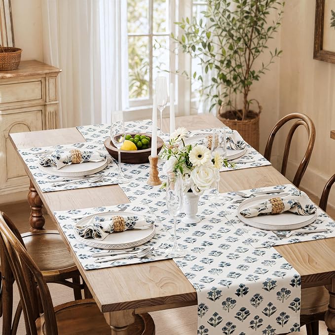 Block Print Floral Decorative Table Runners, 13x90 Inch Dusty Blue | 100% - Image 7