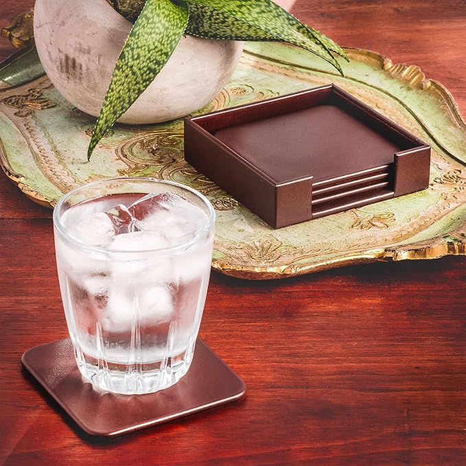 Chocolate Brown Genuine Leather 4" Round Coaster Set - Image 4
