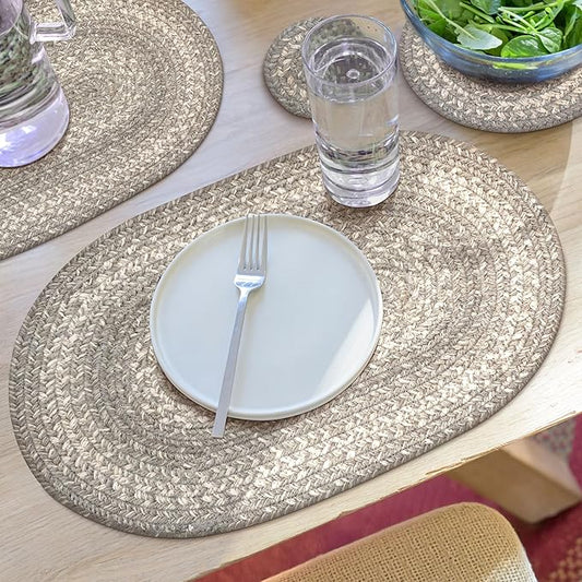 Homespice Grey Cloud Jute Braided Oval Placemats, Warm Farmhouse Decor, Set of 6, 13x19 Grey Table Mats - Vibrant Colors, Durable, Easy to Clean and Protects Furniture