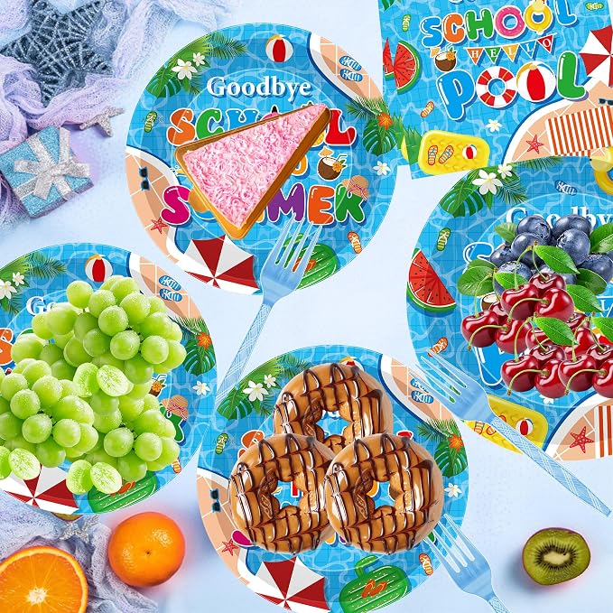 96 Pcs Goodbye School Hello Pool Party Decorations, Summer Pool Party Plates - Image 5