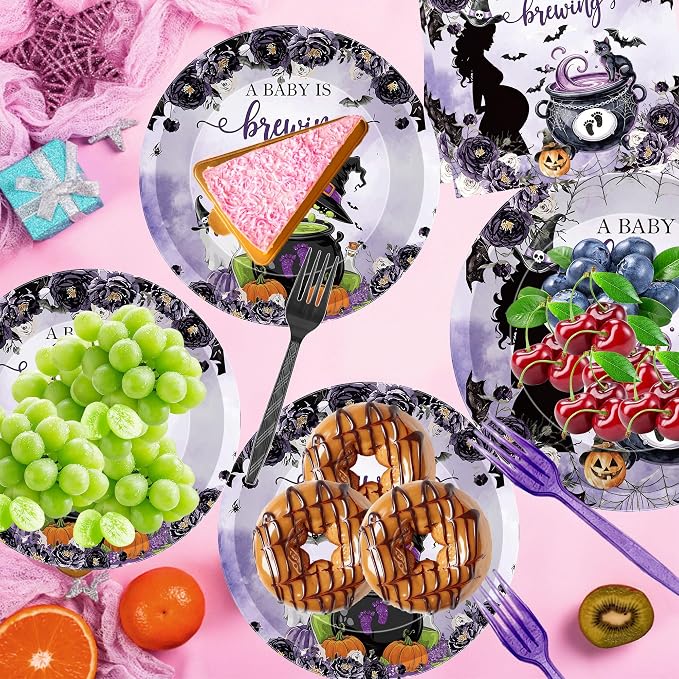96 Pcs A Baby Is Brewing Halloween Baby Shower Decorations, Witch Brew Plates - Image 5