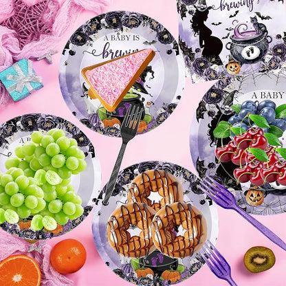 96 Pcs A Baby Is Brewing Halloween Baby Shower Decorations, Witch Brew Plates - Image 5
