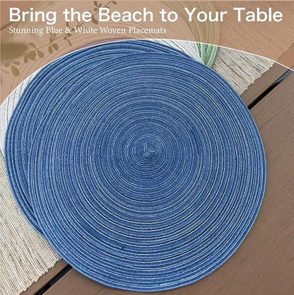 Blue Woven Placemats Set of 8,Washable Wipeable Woven TableMats Set of 8, Rattan Look Placemats,Blue ocen-Like placemats 15 Inch(Blue White)