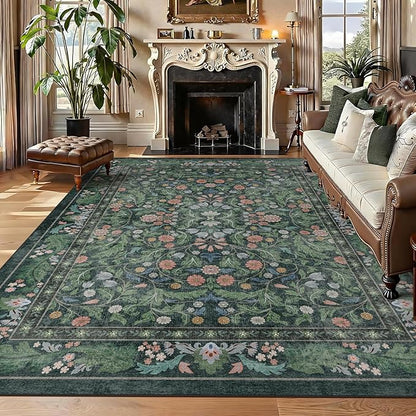Green Floral 8x10 Area Rugs for Living Room Large Washable Rug Vintage Forest Low Pile Non Slip Stain Resistance Soft Carpet for Dining Room, Bedroom, Office Rug, Kids Room, Nursery Room, Playroom