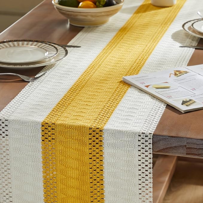 Macrame Style Bicolor Stitching Table Runner 14x36in Mustard | Woven Boho Table - Image 5