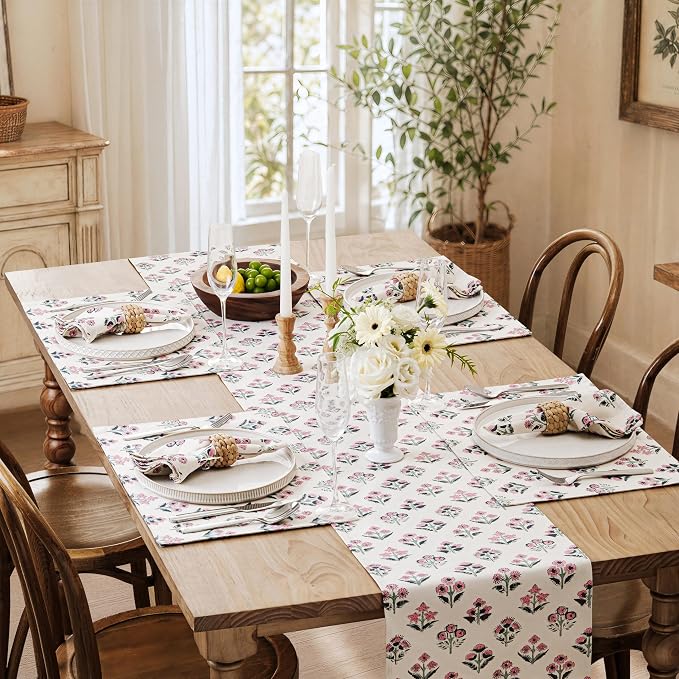 Block Print Floral Decorative Table Runners, 13x36 Inch Pink | 100% Organic - Image 7