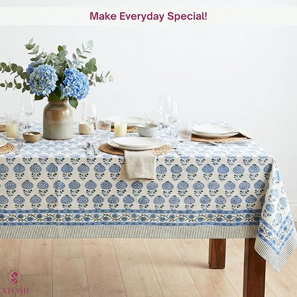 ATOSII Roma Blue 100% Cotton Boho Rectangle Fall Tablecloth, Handblock Floral Print Table Linen for Kitchen Dining I Parties, Outdoors, Weddings, Christmas, Thanksgiving I 72 X 120 Inches I 10 Seater