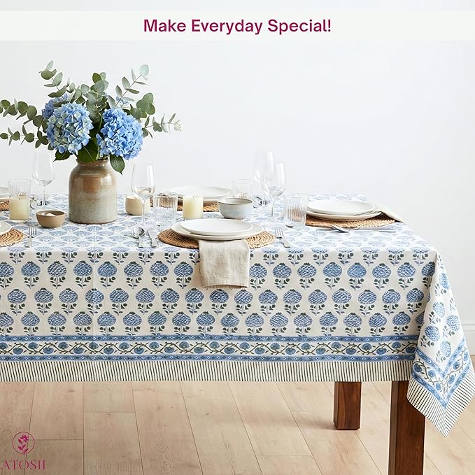 ATOSII Roma Blue 100% Cotton Boho Rectangle Fall Tablecloth, Handblock Floral Print Table Cloth Linen for Kitchen Dining I Parties Outdoors Weddings Holidays I Decor 72 X 108 Inches I 8 Seater